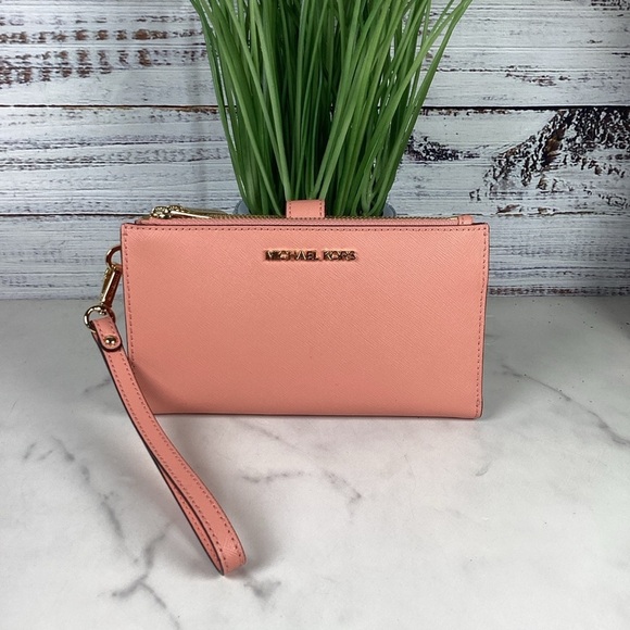 MICHAEL KORS CORAL PINK BAG WALLET CROSSBODY SET RAYNE STUDDED SAFFIANO LEATHER - Picture 14 of 16